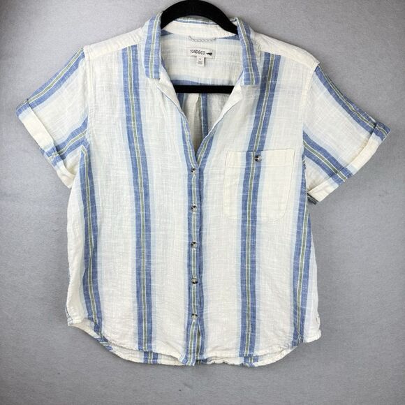 Toad & Co Camp Cove Shirt Womens Large Multicolor Striped Cotton Pleated - Picture 1 of 6